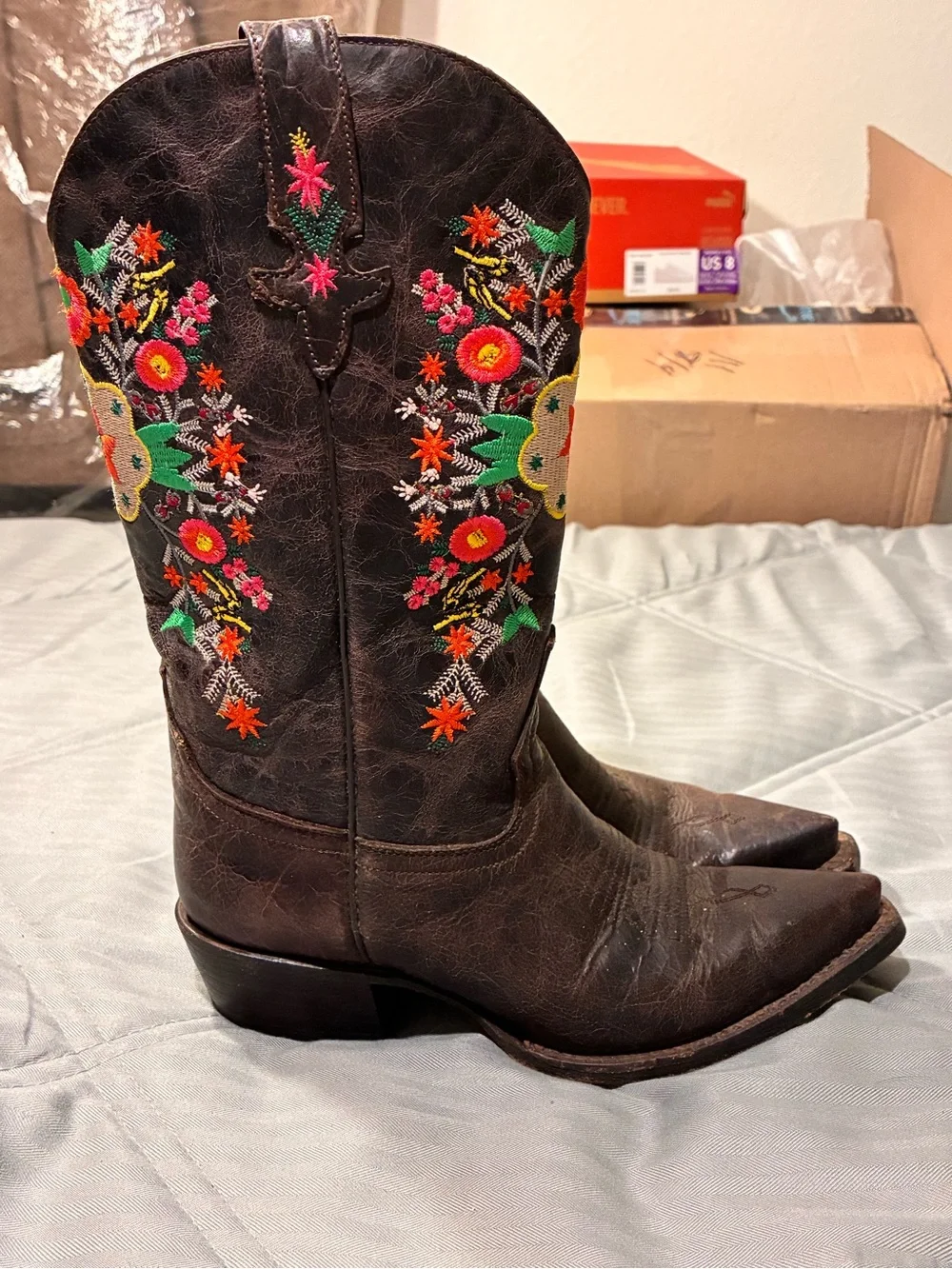 Macie Bean Brown Leather Kids Embroidered Western Boots